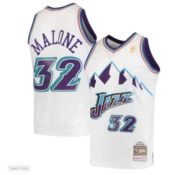 Men's Utah Jazz Karl Malone Mitchell & Ness White 1996/97 Hardwood Classics Swingman Jersey
