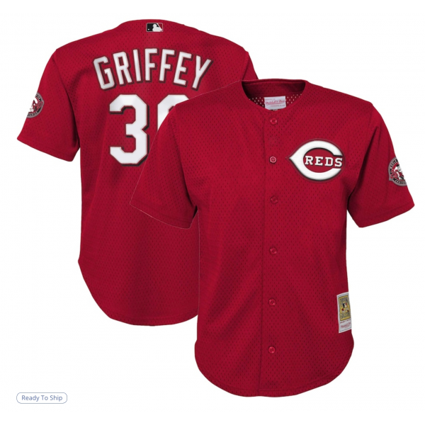 Youth Cincinnati Reds Ken Griffey Jr. Mitchell & Ness Red Cooperstown Collection Mesh Batting Practice Jersey