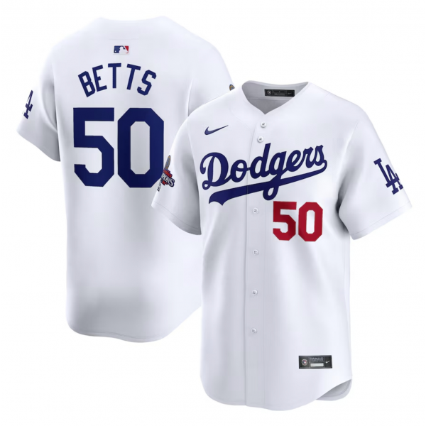 Men's Los Angeles Dodgers Mookie Betts Nike White 2024 World Series Champions Home Limited Player Jersey Men's Los Angeles Dodgers Mookie Betts Nike White 2024 World Series Champions Home Limited Player Jersey